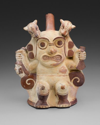 Handle Spout Vessel in Form of Sacrificer Wearing a Jaguar Headdress
