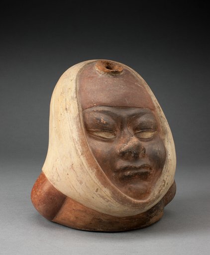 Stirrup Spout Vessel with Missing Handle in the Form of a Head Wraped in Textile