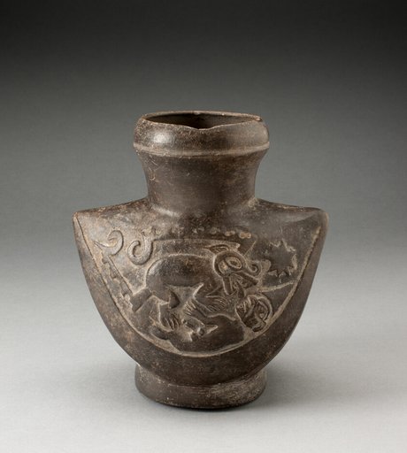Wide-Mouthed Jar with Raised Motif of a Man Attacked by a Feline