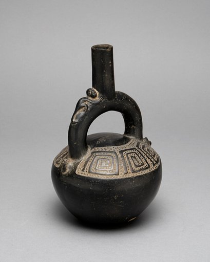Blackware Stirrup Spout Vessel with Incised Squared Spiral Motif
