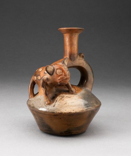 Stirrup Spout Vessel with Spotted Feline Standing on Top