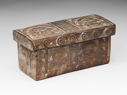 Carved Box Incised with Figures, Birds, and Textile Patterns