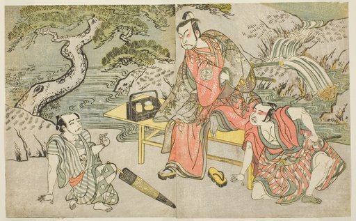 The Actors Tomizawa Hanzaburo II as Nagoya Sanzaemon (often called Sanza) (right), Nakamura Juzo II as Fuwa Banzaemon (center), and an Unidentified Actor as the Pickpocket Matsumoto Daishichi (left), in the Play Fuki Kaete Tsuki mo Yoshiwara, Performed at the Morita Theater in the Eleventh Month, 1771