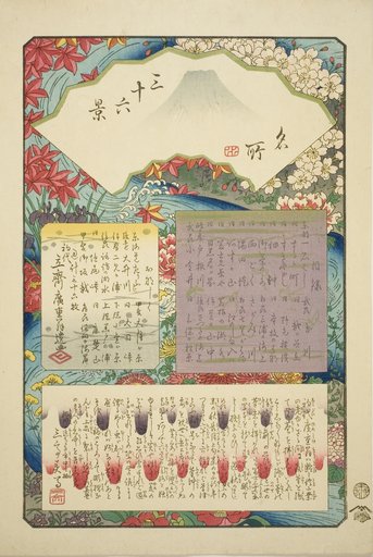Title page for the series "Thirty-six Views of Mount Fuji (Meisho sanjurokkei)"