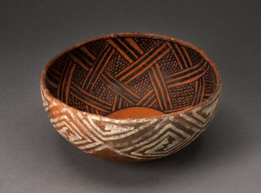Bowl with Black Interlocking Lattice on Interior; White Interlocking Squared Spirals on Exterior