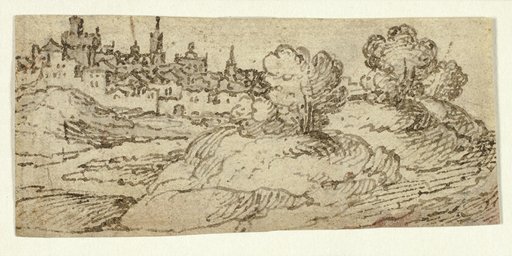 Hill Town with Trees in Foreground