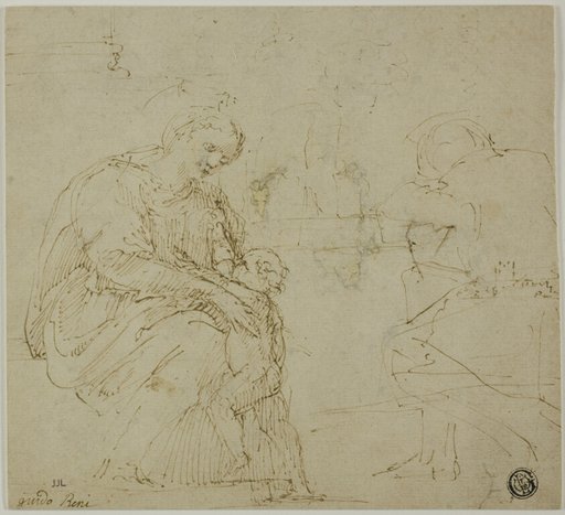 Sketches of Virgin and Child, Seated Figure, and Landscape