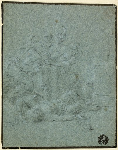 Two Men Holding Boulder over Prostrate Man with Manacles