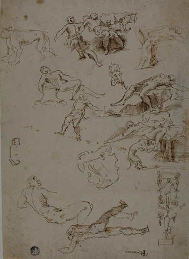 Sketches of Male Nudes, Animals, and Ornamental Details
