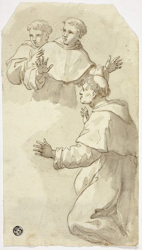 Three Startled Monks, One Kneeling, Two Standing