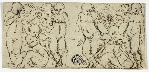 Two Decorative Groups of Putti with Trumpets and Fruit