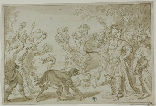 Roman Soldiers Stoning a Serpent