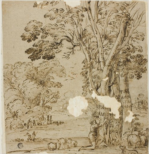 Shepherd Carving an Inscription on Tree Trunk with Figures and Sheep in Background