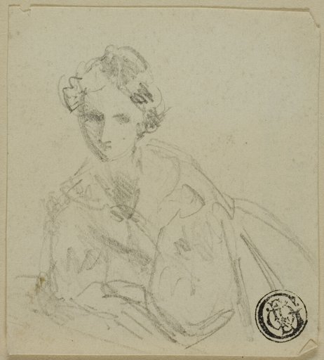 Half-Length Sketch of Woman in Evening Dress Leaning on Balustrade