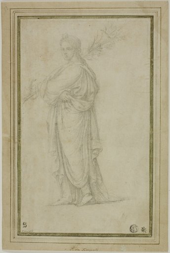 Standing Draped Female Figure Carrying Trumpet, Flowers