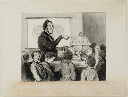 "- Tomorrow we will study Saturn. I want you to pay special attention to this great planet.... which in all likelihood you will never in your life have the opportunity to see!," plate 18 from Professeurs Et Moutards
