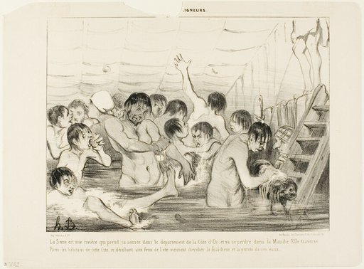 The source of the Seine is the Cote d'Or, and it empties into the Channel. On its way it traverses Paris where the inhabitants escape the summer's heat and try to find freshness and purity in this river, plate 3 from Les Baigneurs