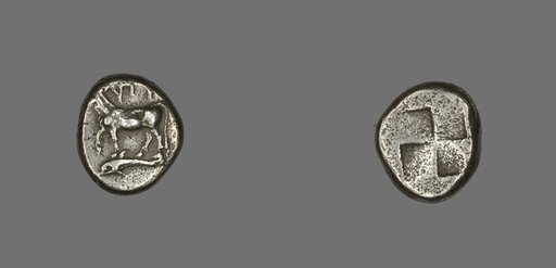Drachm (Coin) Depicting a Cow with Dolphin below