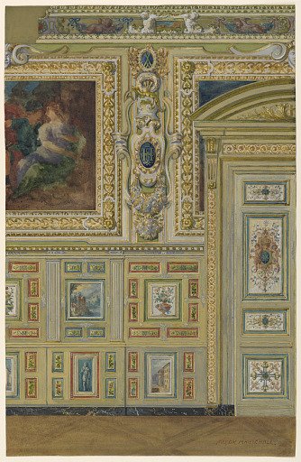 Section of a wall showing groups of painted panels, Oval Chamber, Salon Louis XIV, Palace of Fontainebleau, France