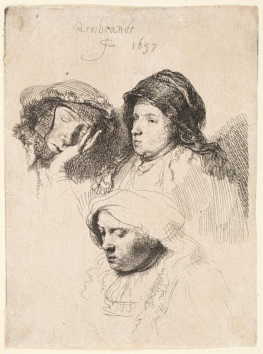 Three Heads of Women, One Asleep