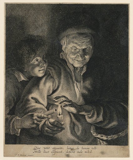 Old Woman and a Boy with Candles