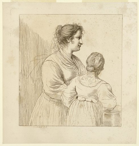Two Young Women, One with Her Back Towards Beholder