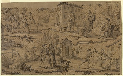 Cartoon for cotton printing: Scenes from Moliere's "Le Medecin Malgre Lui"