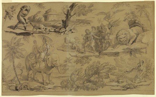 Cartoon for cotton printing: Les Fables de La Fontaine