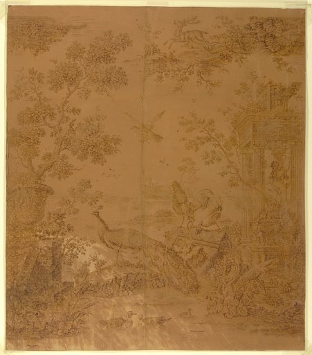 Trial Proof for Cotton Printing: "Pastoral Scene with Peacocks and Poultry"