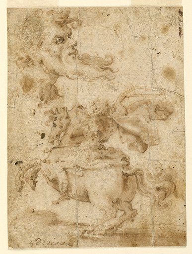 The Head of a Bearded Man, a Man on Horseback