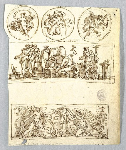 Venus at Forge of Vulcan, Winter, Victories and Three Roundels, Putti as Elements