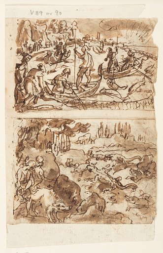Fishing for Tuna [above]; Crocodile Hunt with Pigs as Bait [below]