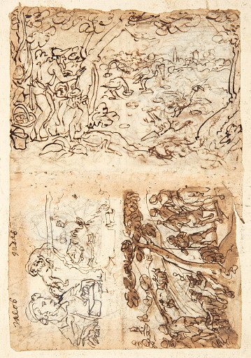Crane Hunt using Cones [above]; Bust-length Portrait of Jacob, Lion with a Blindfold, Map of a Fortified City [below left]; Wildcat Hunt [below right]