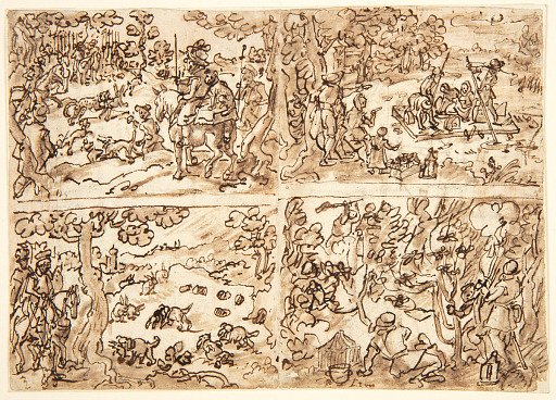 Rabbit Hunt with Leopards [above left]; King of England Hunting for Rabbits [below left]; Fishing by Night [above right]; Catching Nightowls [below right]