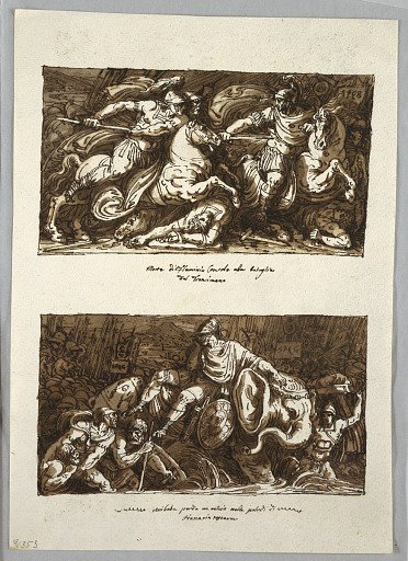 Sketchbook Page: Death of Flaminius in the Battle of Trasimeno; Annabelle Loses an Eye in the Swamps of Fiano, Tuscany