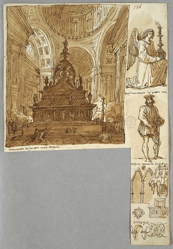 Sketchbook Page, Folio 64: Study after Bolognese Architecture and Monuments, Including Arch of San Domenico; Verso: Geometric Studies
