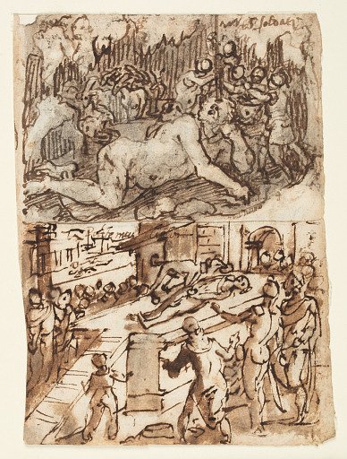 Blinding of the Cyclops Polyphemus [above]; The Fidelity of a Roman Dog [below]