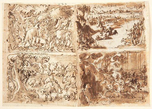 Deer attacked by Lynxes [above left]; Deer Hunt with Hounds Tracking [below left]; Cloelia and her Companions escape Porsena's Camp [above right]; Aeneas and Dido Shelter in a Cave [below right]