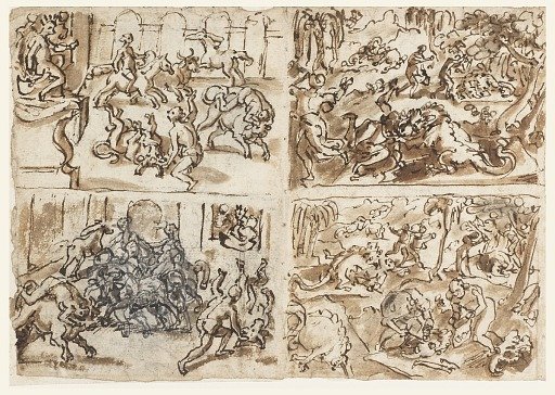 Theagenes taming the Bull in Ethiopia [above left]; Theagenes taming the Bull in Ethiopia [below left]; Dragon Hunt in India [above right]; Dragon Hunt in India [below right].