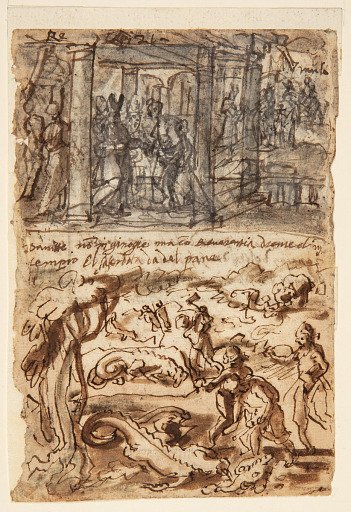 David Receives the Holy Bread and Sword of Goliath [above]; Two Dragons Decapitated [below]
