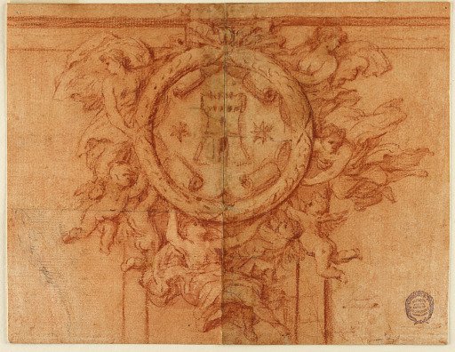 Project for a wall decoration (Female figures and putti support a circular medallion with coat of arms)