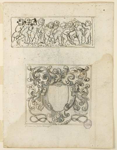 Oblong with dancing children; an oblong panel with an escutcheon