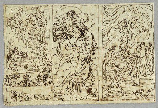 Mythological or Biblical Scene; Juno and Jove Enthroned with Three Fates; Three Graces with Apollo and Minerva; Sculptural Relief and Obelisk