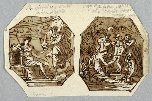 Winged Victory Gives Apollo Lyre; Statue of Minerva