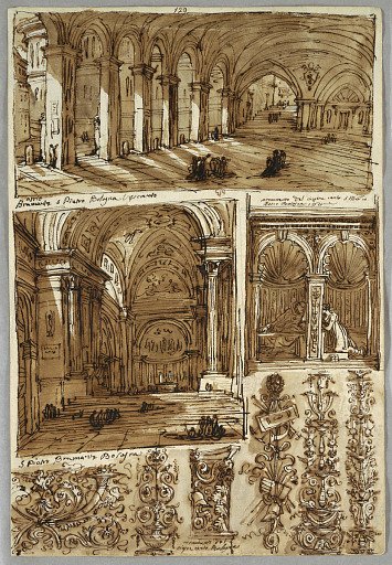 Sketchbook Page: Atrium, San Pietro, Bologna and Detail from San Pietro; Detail from S. Michele in Bosco; Verso, Geometrical Studies of Heads