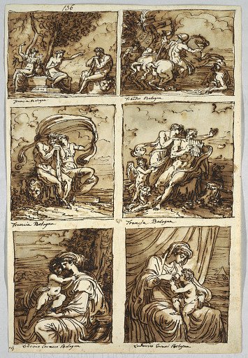 Sketchbook: Folio 73; Six Paintings of Bolognese School; Verso: Anatomical Drawings