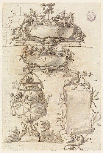 Two escutcheons, decorative vase and a scroll
