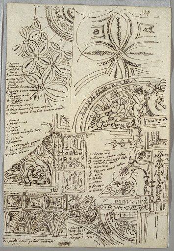 Decorative Studies of Ceilings with Grotesque; Studies of Monument with Papal Seale, Sisto V