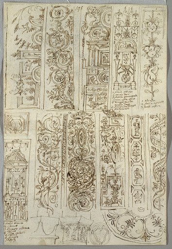 Decorative Studies of Candelabra; Verso: Masculine Heads