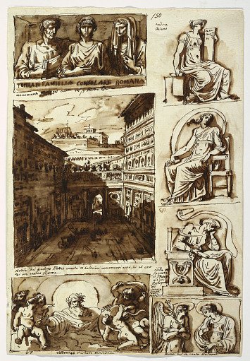 Various works of art. The court of Palazzo Mattei in Rome